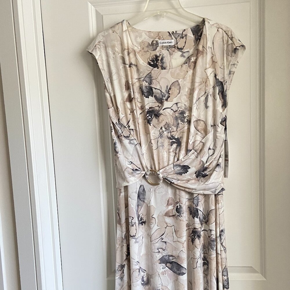NWT $149 CALVIN KLEIN BEAUTIFUL WATER COLORS CAP SLEEVES MIDI DRESS